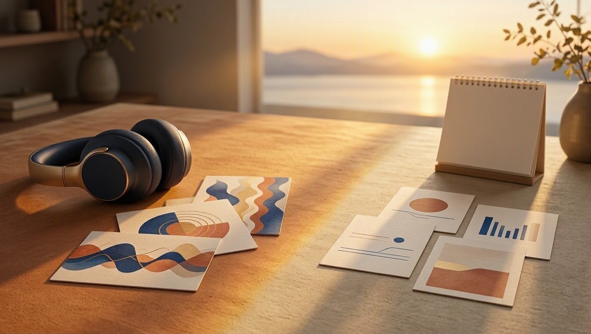 O que permanece após cancelar Fones de ouvido e cartões musicais abstratos junto a um calendário sem datas, representando a transição após o cancelamento.