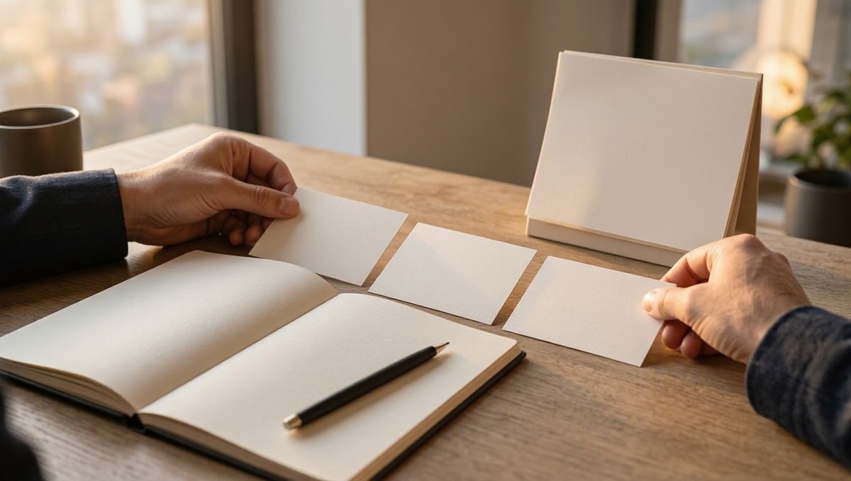 Caderno e cartões organizados para registrar ações e preparar a revisão da conversa.