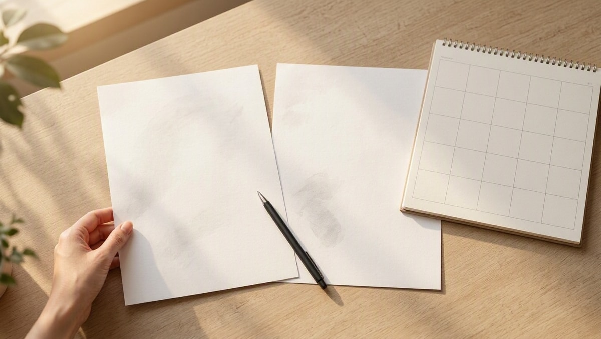 Acompanhar os próximos passos Papéis e calendário em branco organizados para apoiar o acompanhamento de próximos passos.