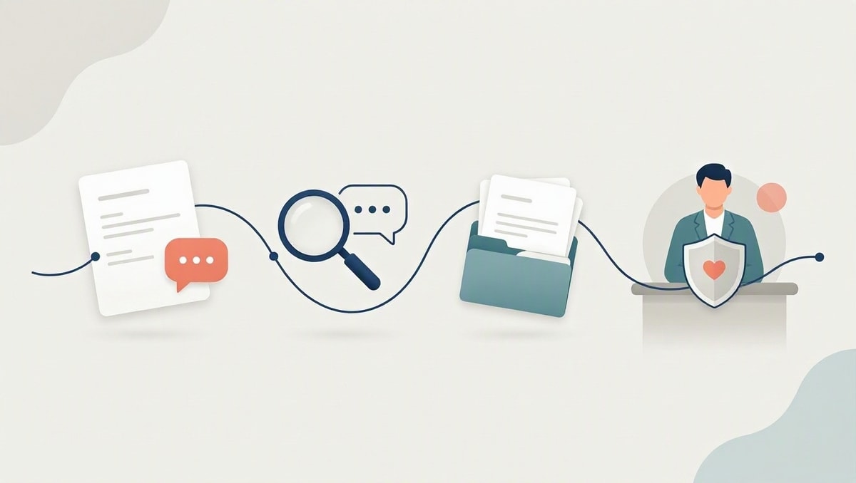Acompanhar e encaminhar Etapas visuais para acompanhar uma reclamação e encaminhá-la se não houver solução.