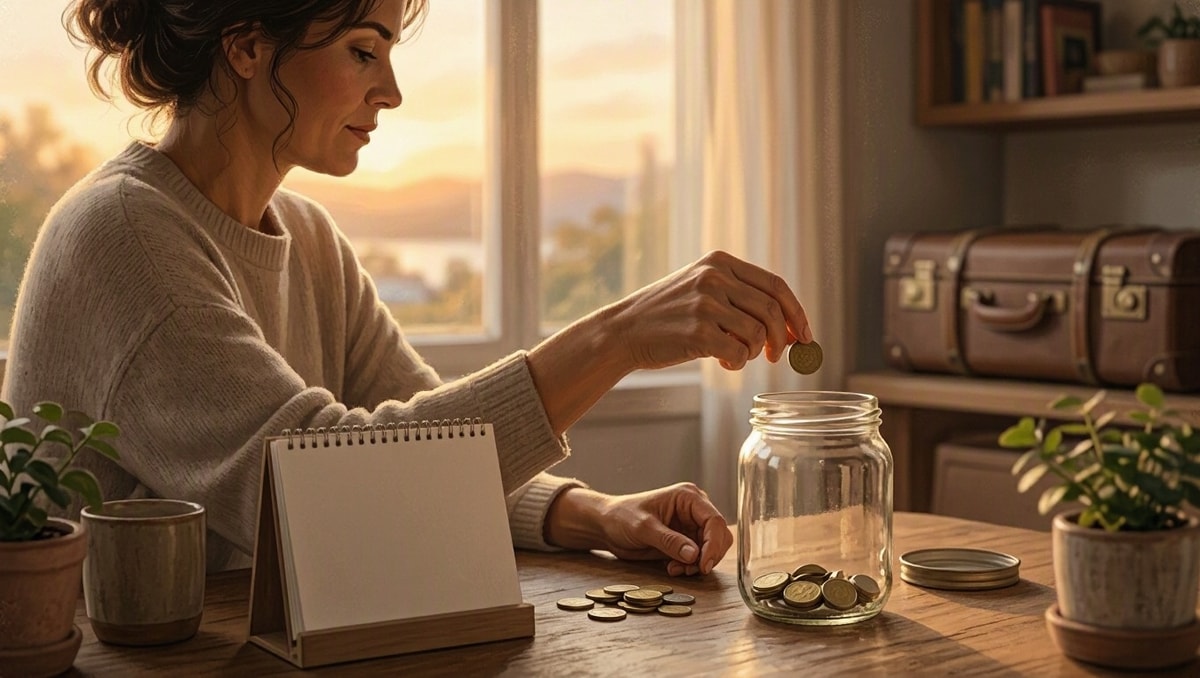 Pessoa coloca moedas em um recipiente em casa, enquanto uma mala ao fundo representa um objetivo futuro.