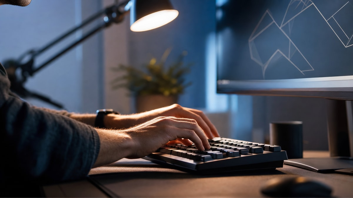 Mãos de desenvolvedor ao teclado durante ajuste minucioso de código em ambiente de trabalho focado