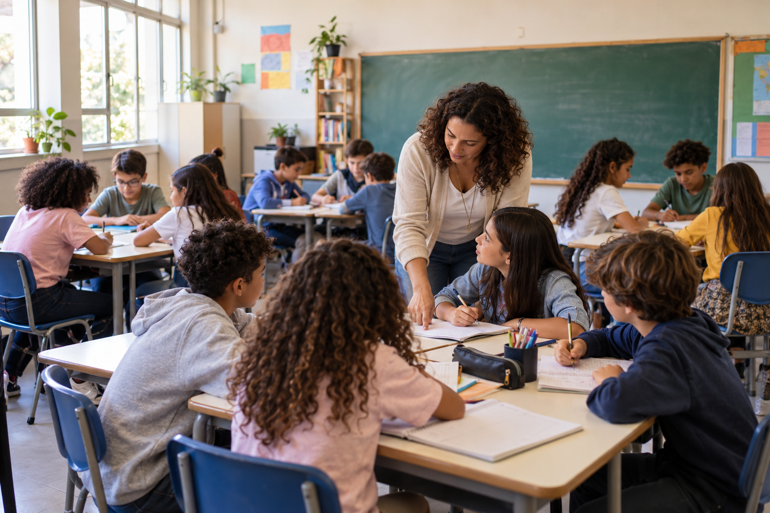 Professora acompanha turma de aproximadamente 20 alunos em sala de aula do Ensino Fundamental
