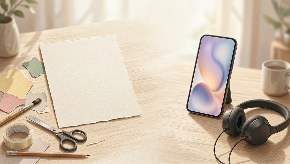 Cartão feito à mão e fones representam alternativas com e sem troca de objetos