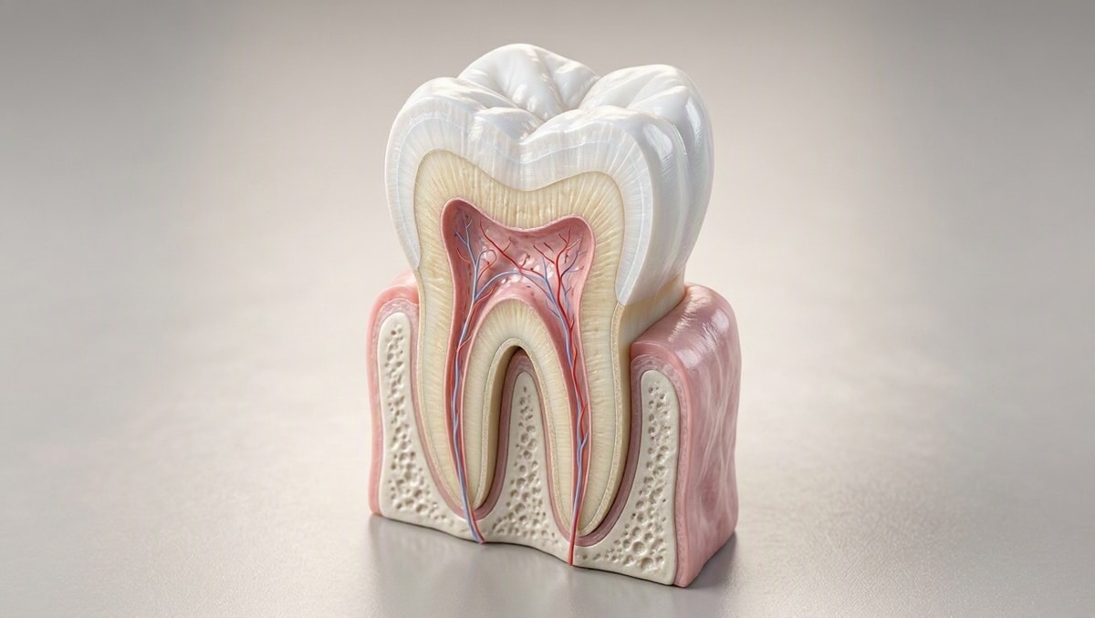 Modelo tridimensional em corte transversal destacando o esmalte, a dentina e a polpa de um molar
