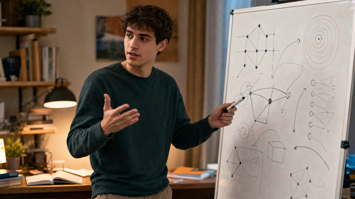 Pessoa diante de quadro branco gesticulando e organizando conceitos com as próprias palavras durante sessão de estudo.