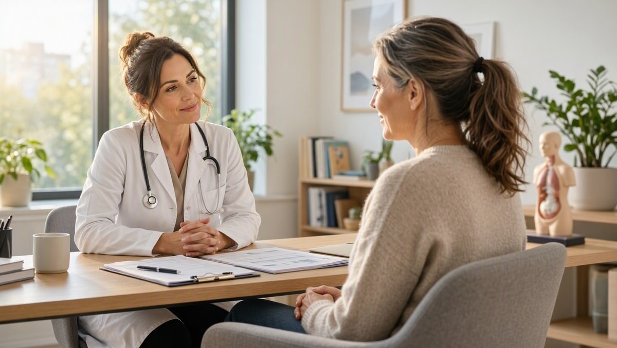 Consulta médica para análise de resultados Médico e paciente em diálogo sereno durante consulta para avaliação de exames laboratoriais.