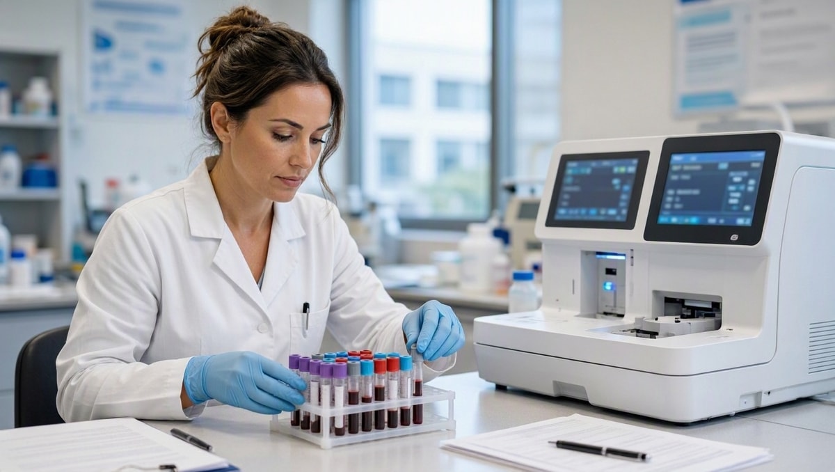 Profissional de laboratório manuseando amostras de sangue para análise conjunta de parâmetros hematológicos.