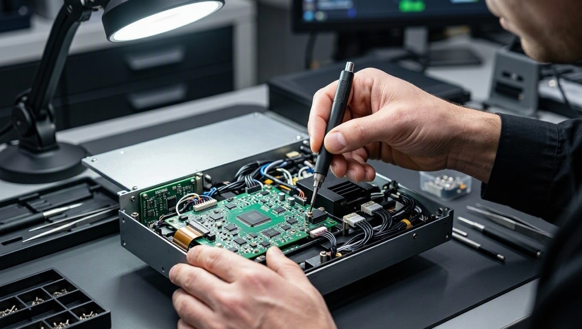 Técnico examinando painel interno de equipamento em bancada de trabalho