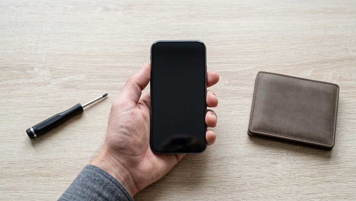 Celular, ferramenta de reparo e carteira representam alternativas a comparar antes de trocar um produto.