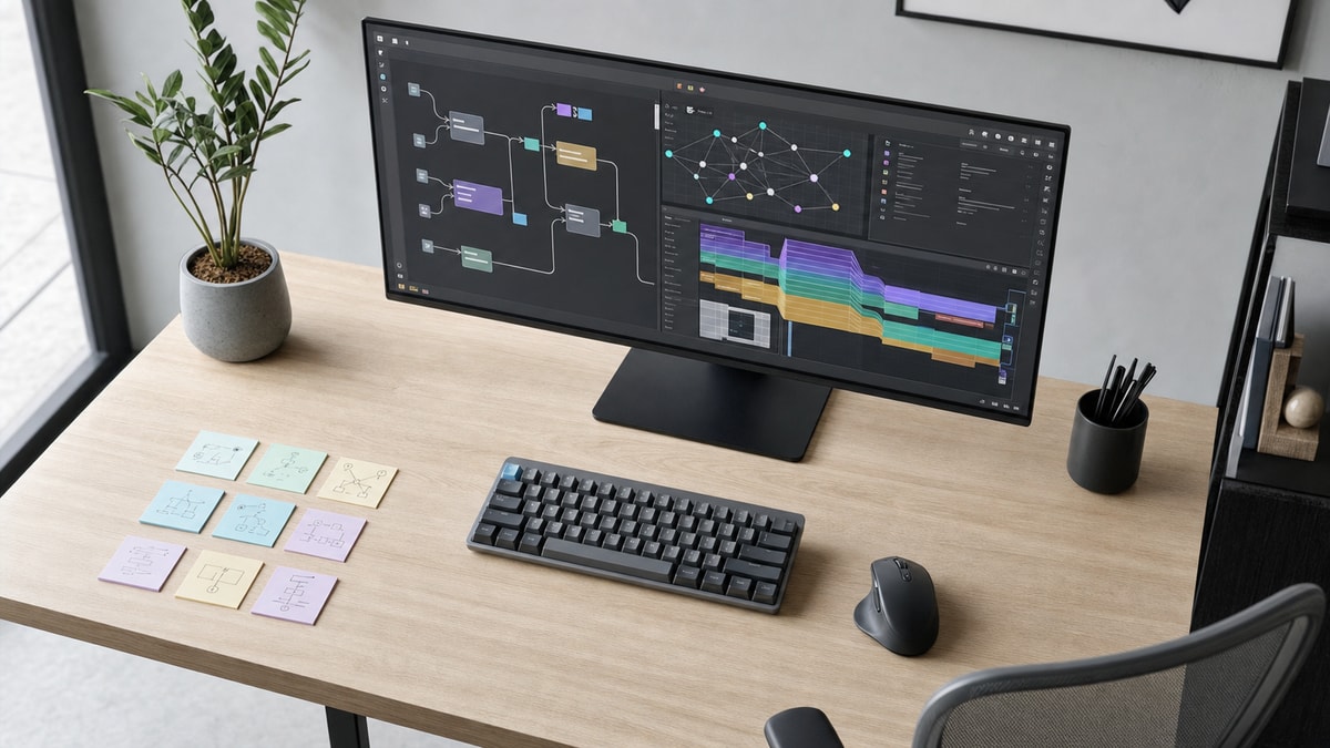 Estação de trabalho organizada com monitor, teclado mecânico e blocos de anotações para planejamento de estudos.