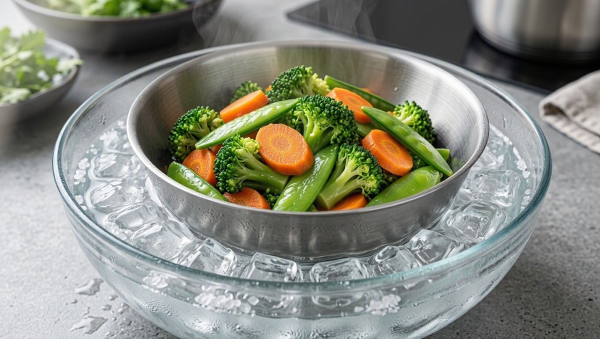 Tigela com legumes cozidos acomodada em recipiente com gelo e água para resfriamento rápido em banho-maria invertido