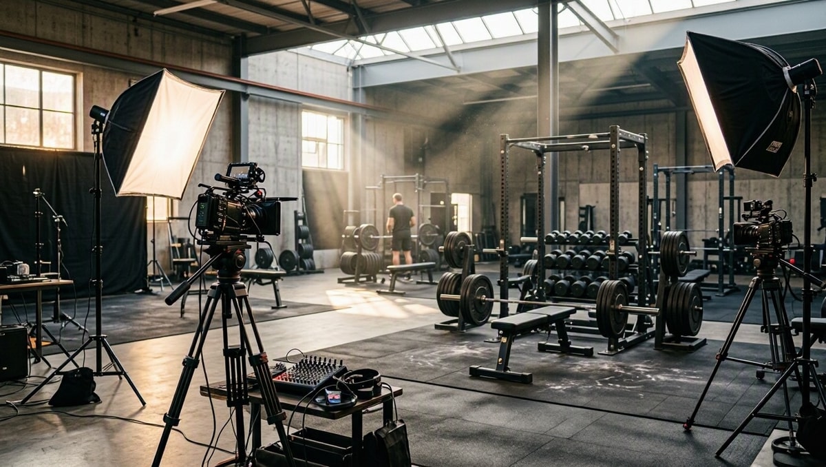 Espaço de treino e gravação com aparelhos de musculação, tripés e refletores de filmagem em estúdio aberto.