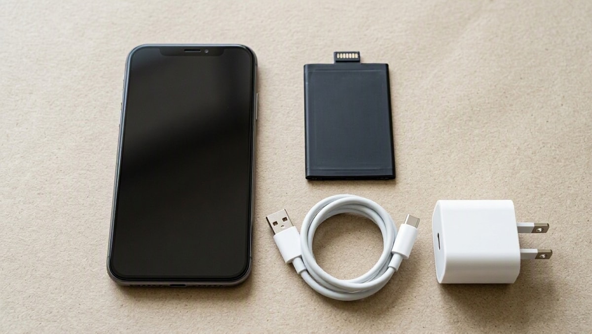 Bateria e acessórios Celular, bateria e acessórios genéricos organizados para representar os itens a confirmar antes da compra.