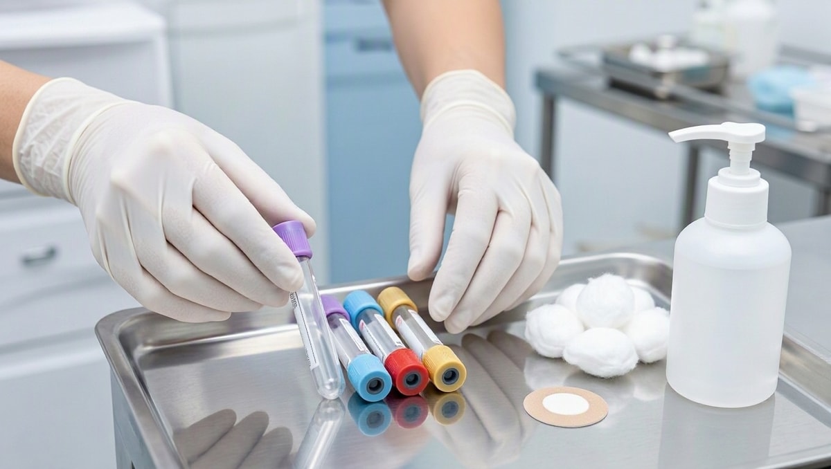 Protocolos de biossegurança na coleta de sangue Mãos com luvas descartáveis de procedimento organizando tubos de coleta a vácuo estéreis em bandeja inoxidável.