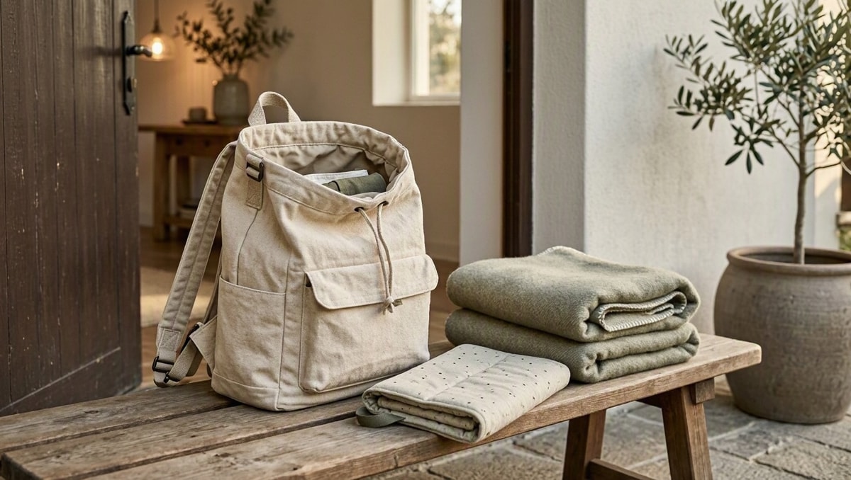 Preparação para os passeios Mochila comum e poucos itens organizados para preparar uma saída com o bebê.