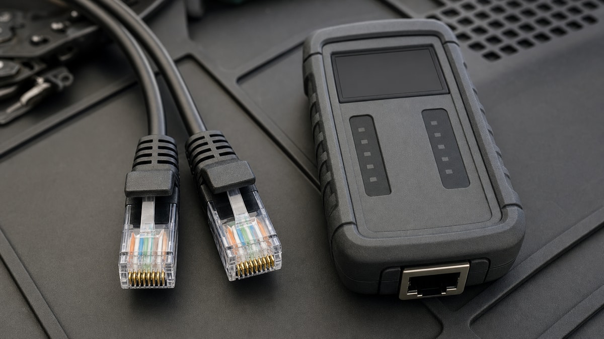 Dois cabos de rede com conectores RJ45 prontos ao lado de aparelho testador de continuidade em bancada.