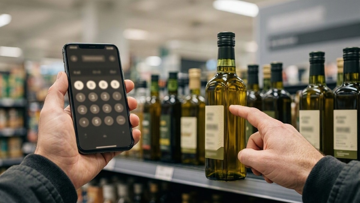 Consumidor utilizando o celular em frente a prateleiras de supermercado para calcular o custo dos produtos.