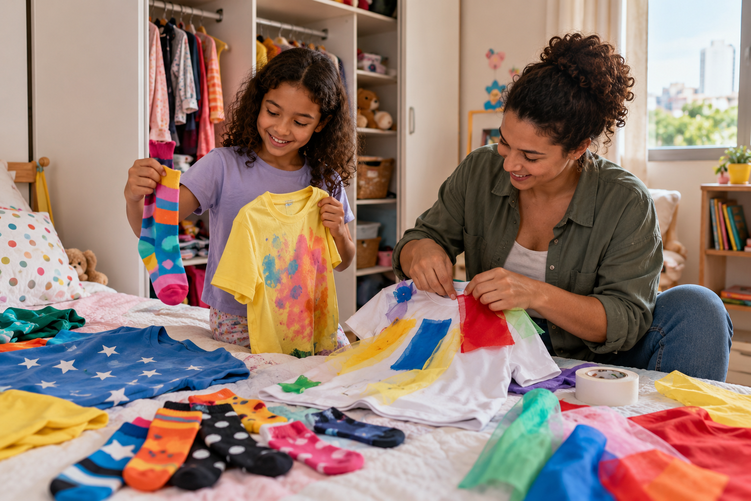 Família montando uma roupa maluca infantil com camisetas, retalhos e meias coloridas em casa
