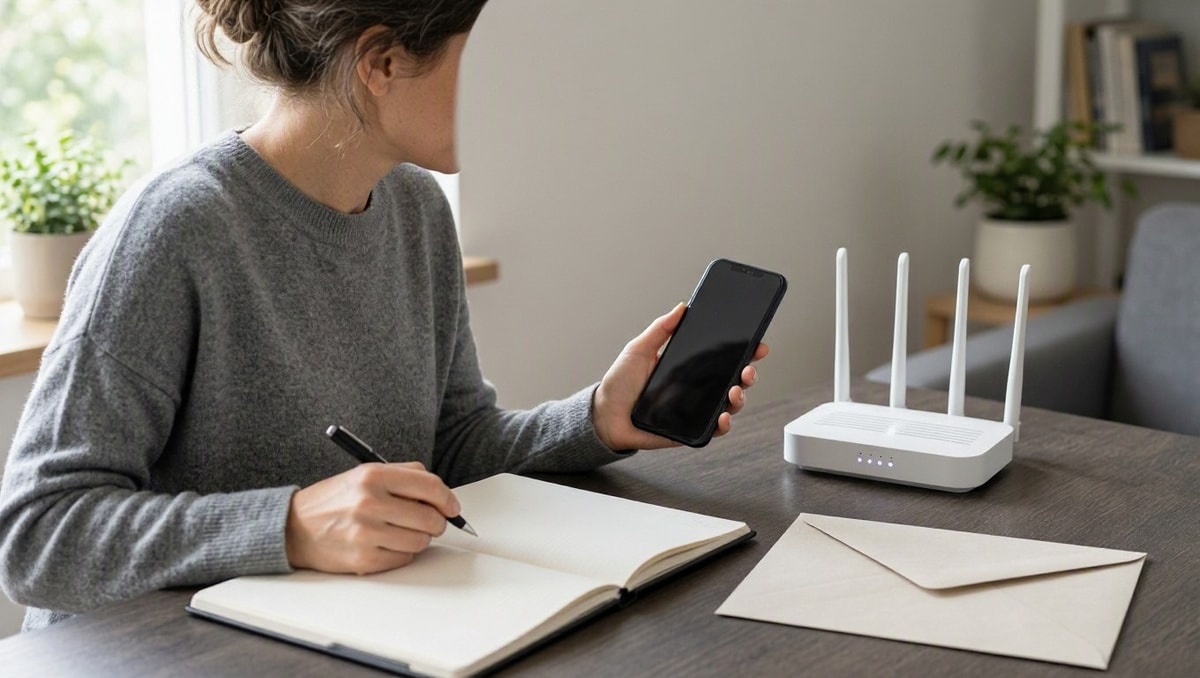 Procure o parceiro responsável Pessoa consultando o celular ao lado de um roteador ao buscar o contato da empresa parceira.