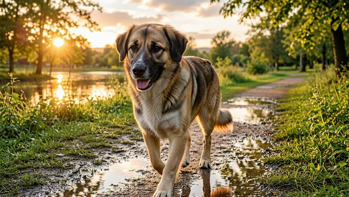 Cachorro de porte médio caminhando ao ar livre em trilha de parque próxima à vegetação durante a tarde.