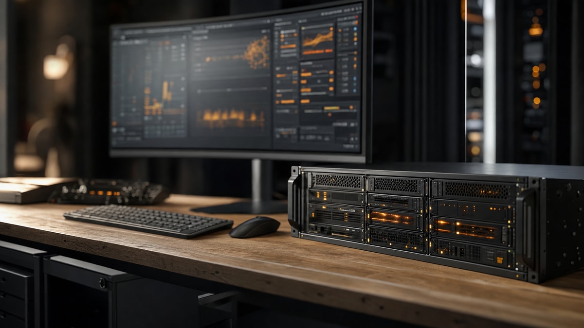 Estação de trabalho técnica com monitor amplo e servidor em rack conectado com iluminação suave.