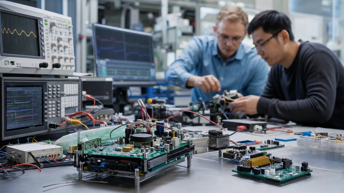 Bancada de laboratório de tecnologia aplicada com equipamentos de precisão e profissionais ao fundo.