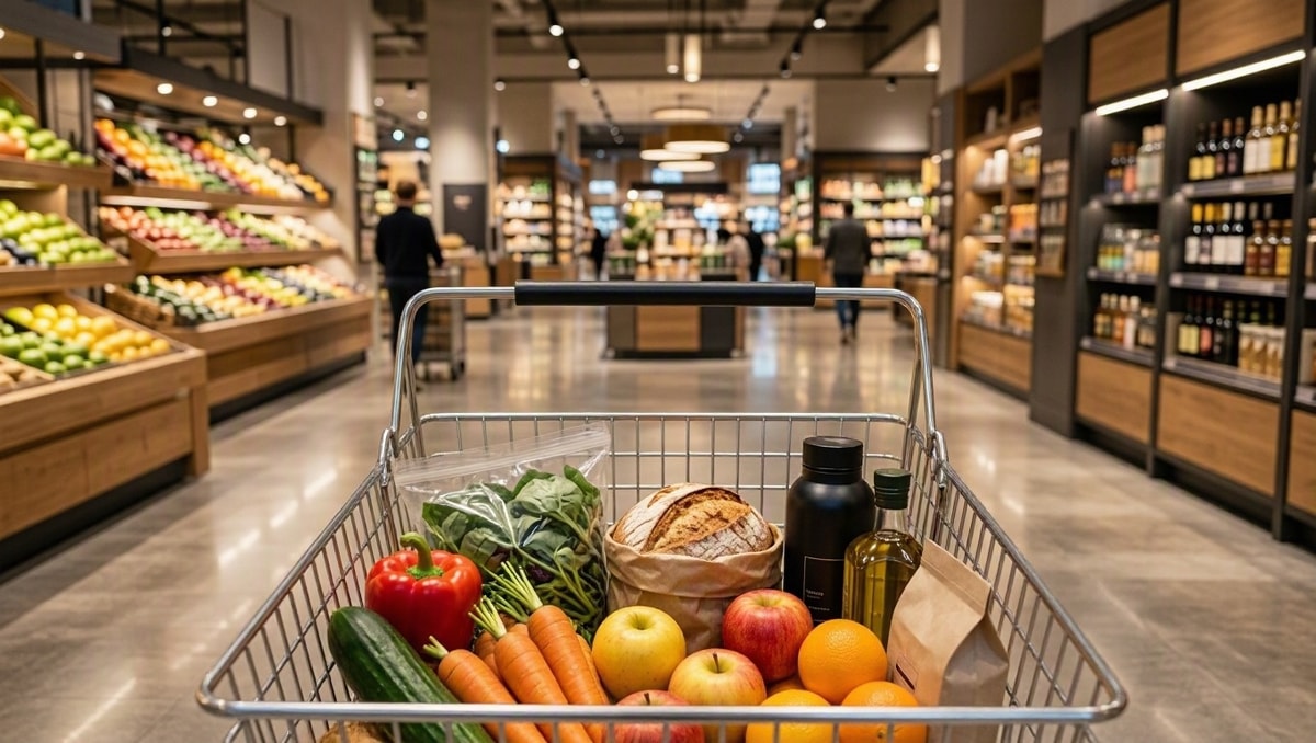 Compras organizadas no supermercado Cesta de compras com produtos frescos e mercearia em corredor de supermercado com iluminação suave.