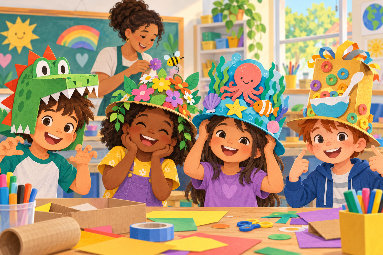 Crianças usando chapéus malucos de dinossauro, jardim, fundo do mar e caixa de cereal na escola