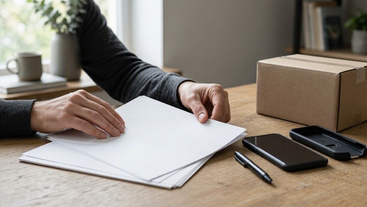 Confira as cláusulas do contrato Pessoa revisa documentos sem texto legível ao lado de um smartphone e de uma caixa de devolução