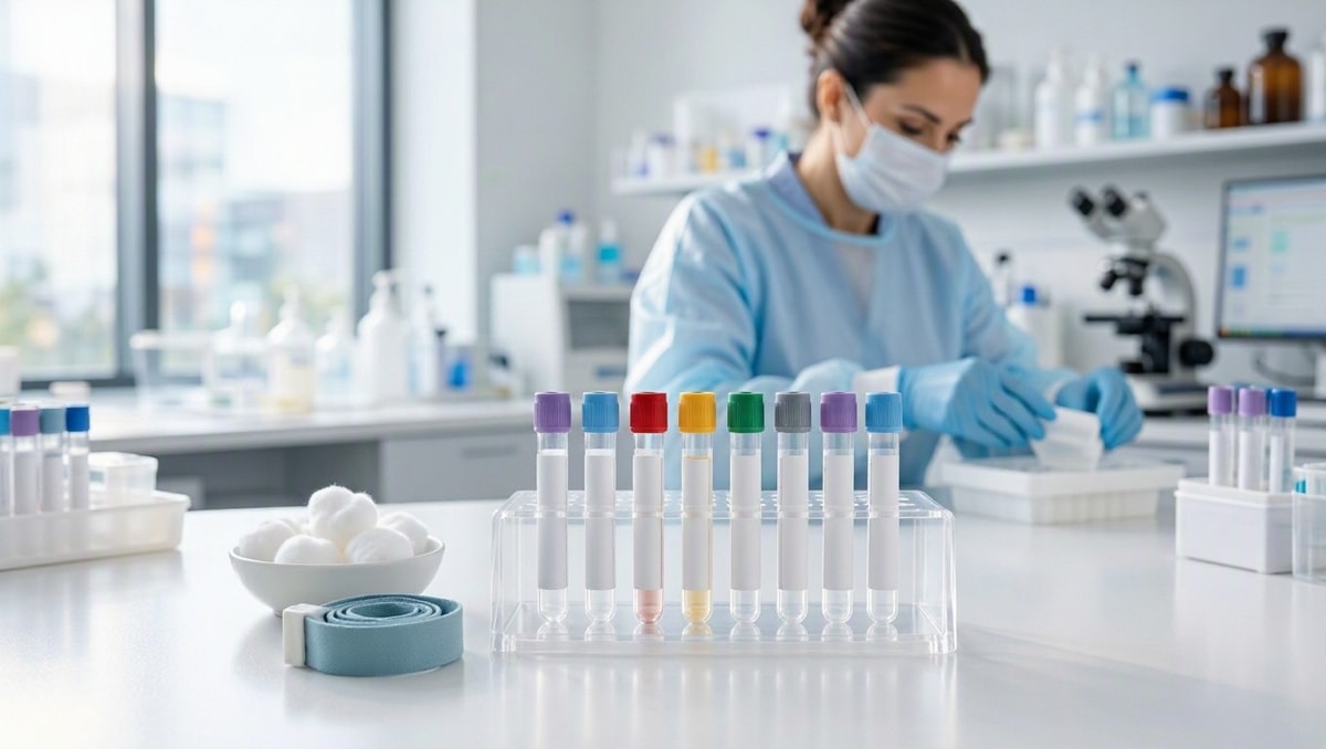 Tubos de ensaio para coleta de sangue organizados em suporte em ambiente laboratorial.