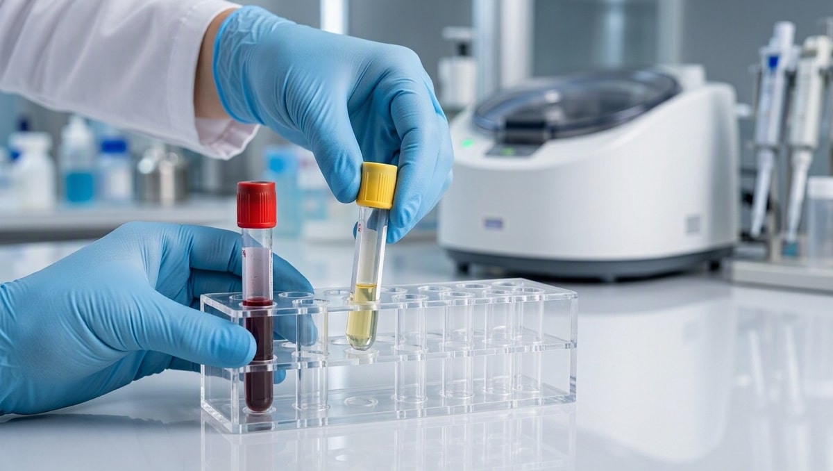 Tubos para coleta de sangue organizados em bancada laboratorial com ambiente limpo.