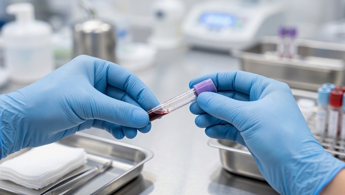 Procedimento de coleta do exame FSH Profissional de laboratório preparando materiais e tubos estéreis para coleta de sangue de exame hormonal