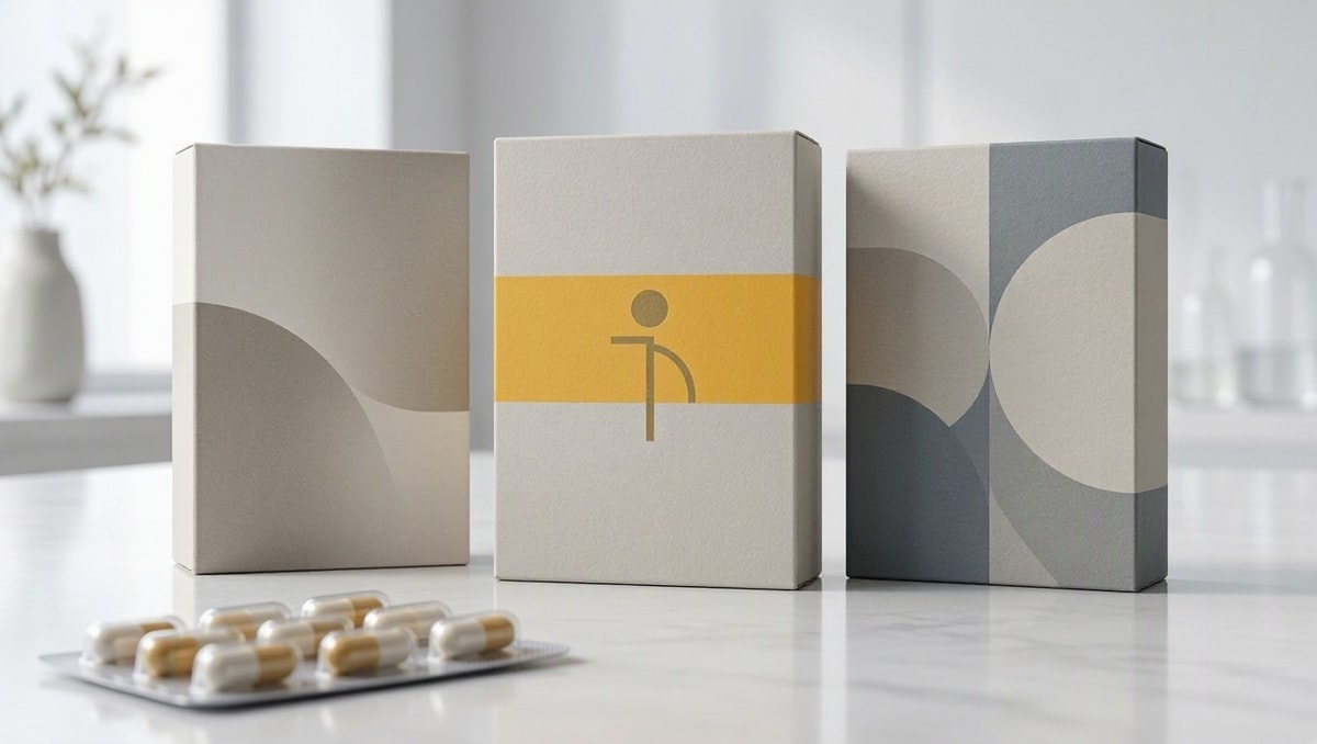 Três embalagens conceituais de medicamentos alinhadas lado a lado para demonstrar padrões visuais de identificação.