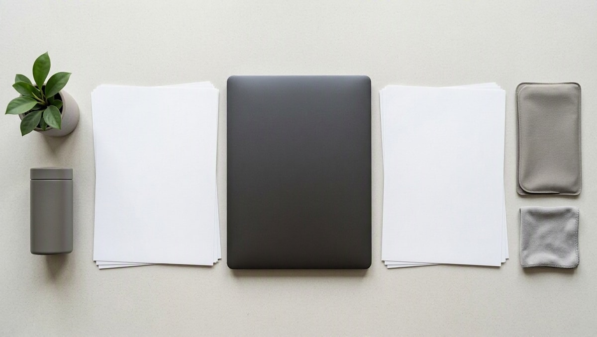 Comparar custos no mesmo período Notebook e folhas em branco dispostos lado a lado para representar a comparação entre locação e compra.