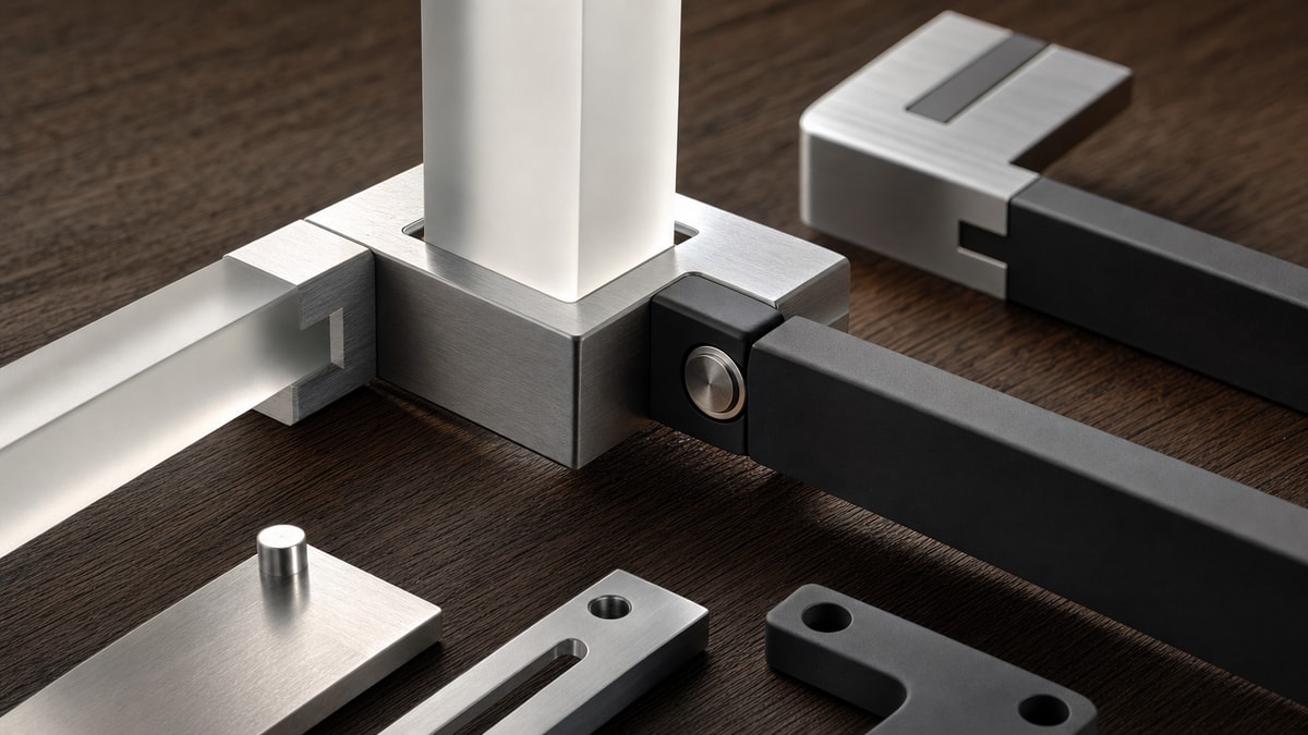Liberdade de composição modular Conjunto de peças modulares de precisão conectadas sobre bancada, representando flexibilidade arquitetural e composição customizada.