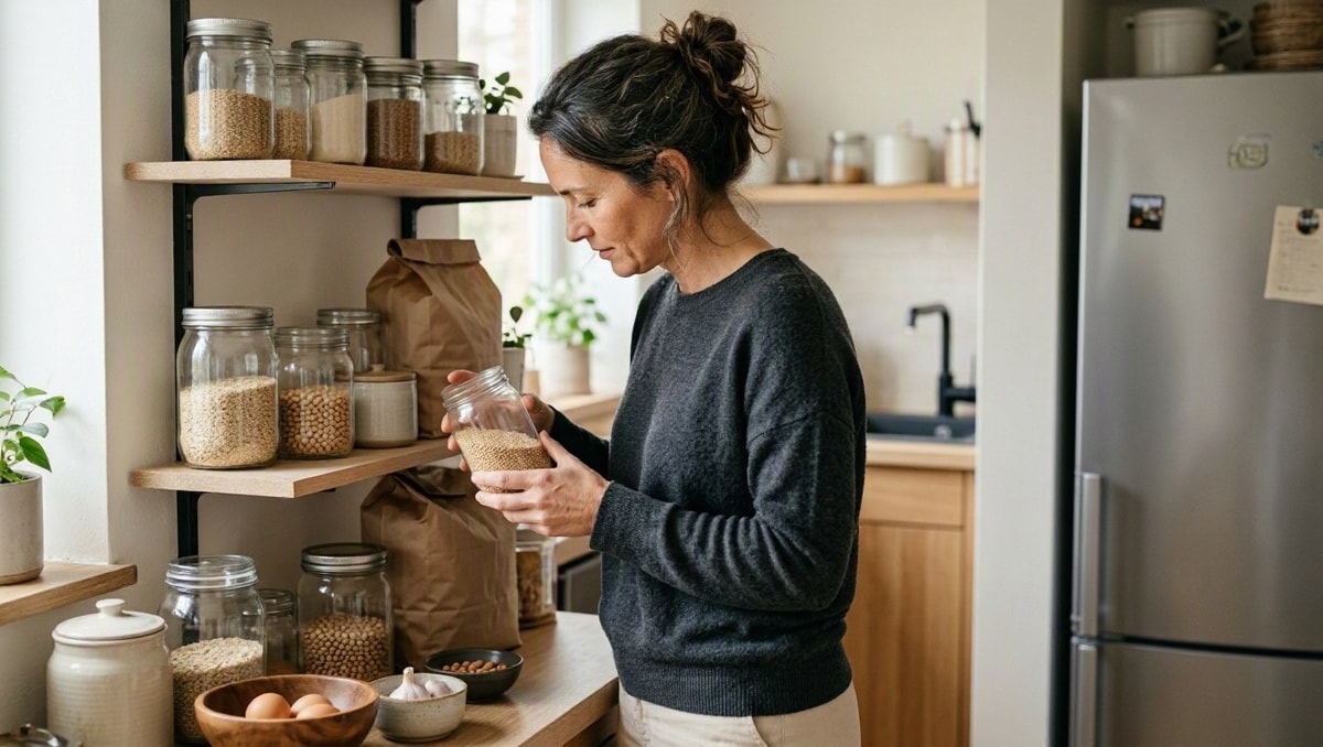 Conferência do estoque Pessoa confere os alimentos disponíveis na despensa antes de planejar a compra