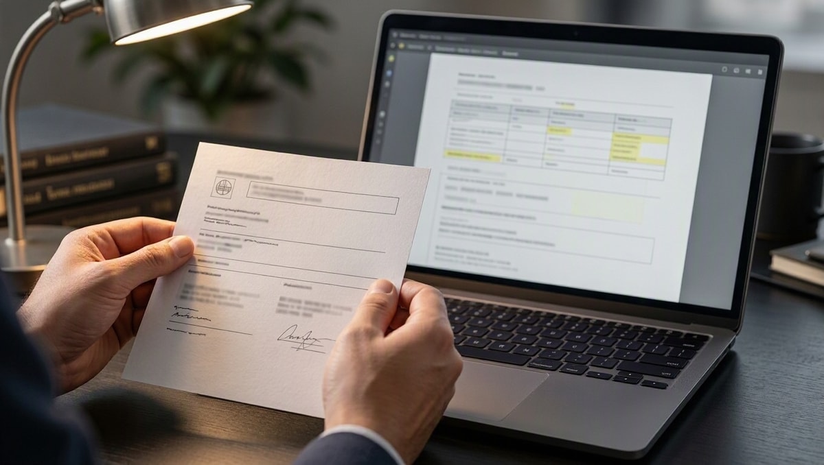 Mãos segurando receita médica ao lado de tela de computador com documento de consulta aberto.