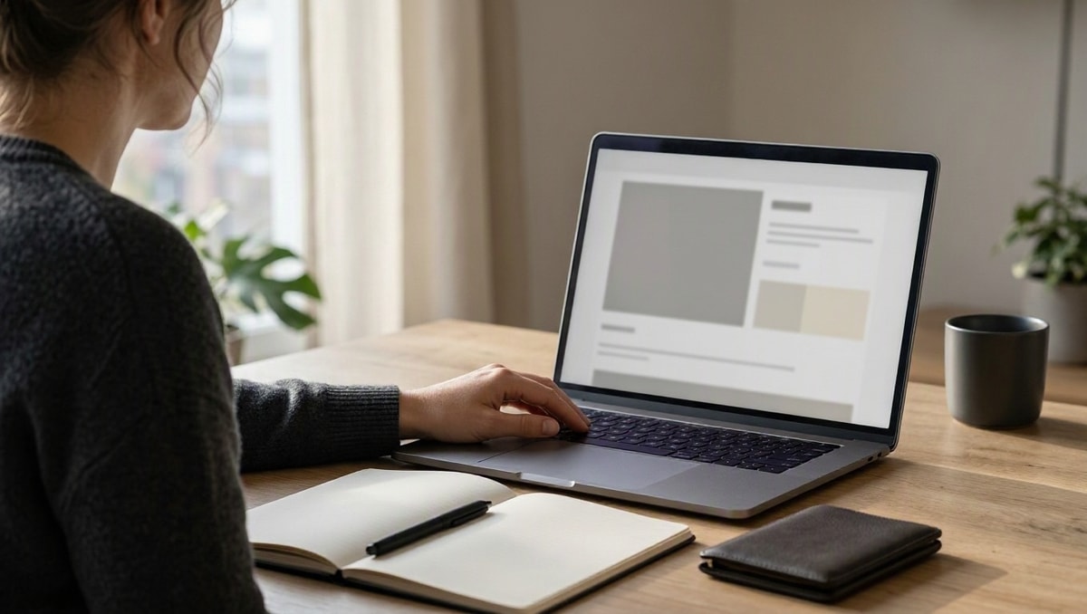Confira a oferta antes de comprar Pessoa revisa uma oferta online no computador antes de decidir se a compra atende aos seus critérios