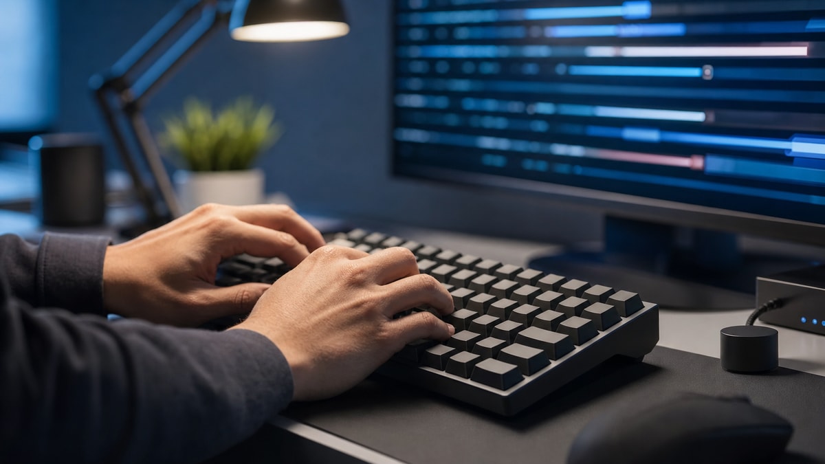 Mãos de profissional de tecnologia digitando no teclado durante configuração de pacotes de servidor com tela desfocada ao fundo.