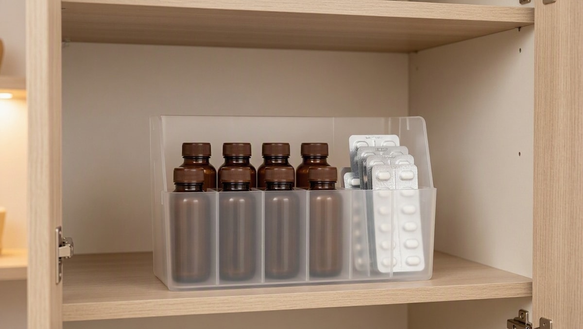 Armazenamento correto de medicamentos Caixa organizadora com medicamentos arrumados dentro de armário seco e arejado.