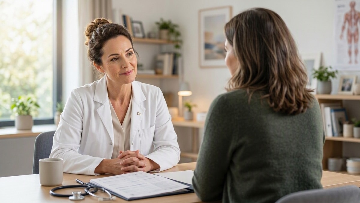 Avaliação médica do laudo de hemograma Médica dialogando com paciente em consultório com laudo de exame sobre a mesa de atendimento.