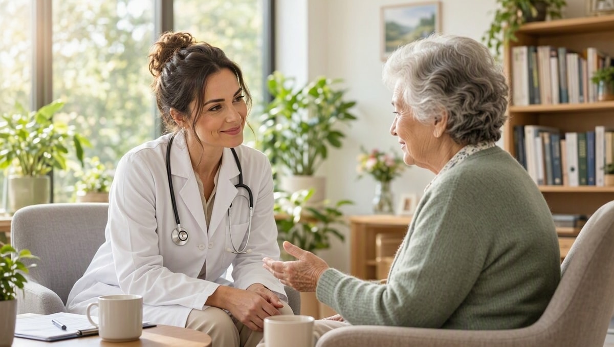 Avaliação clínica em consulta Médica dialogando com paciente durante consulta de rotina em consultório iluminado