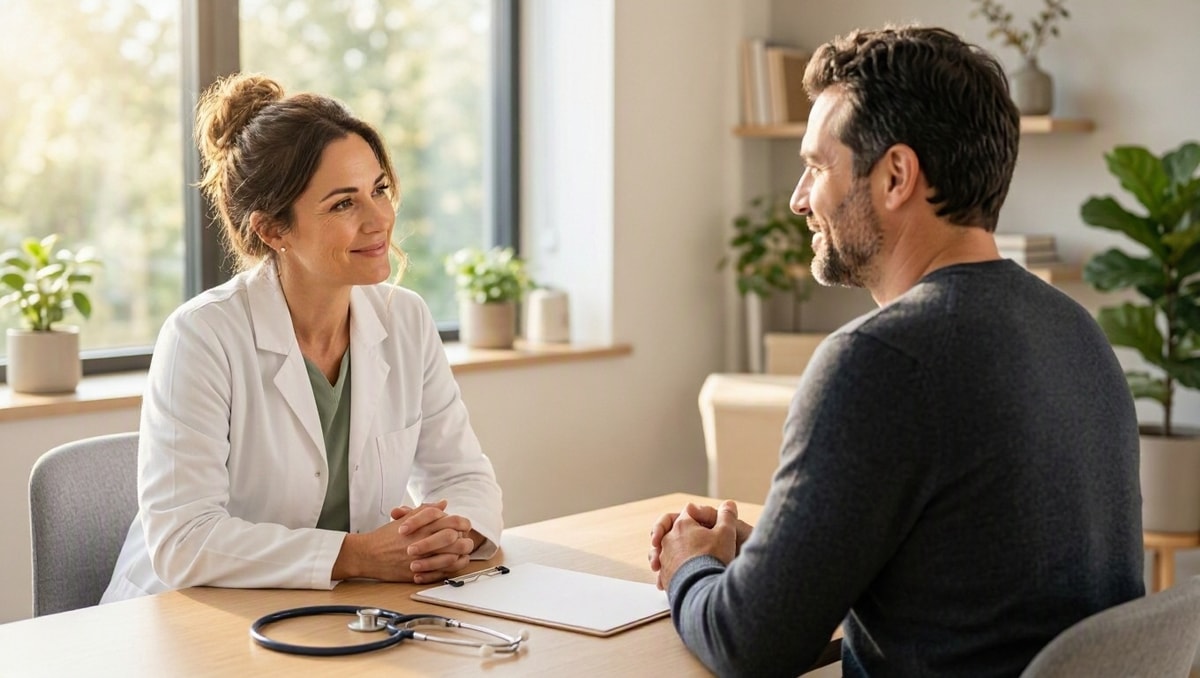 Médico e paciente conversando em consultório iluminado durante avaliação de saúde.