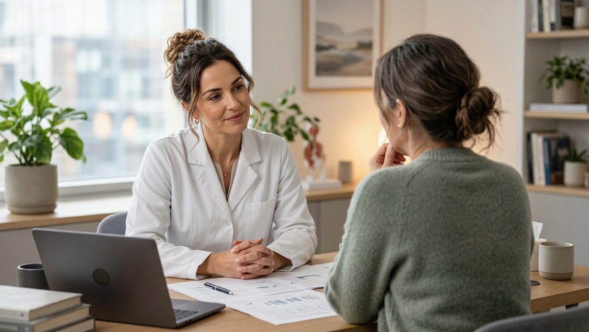 Consulta médica para avaliação de exames Médica orientando paciente em consulta sobre resultados de exames e histórico de saúde.