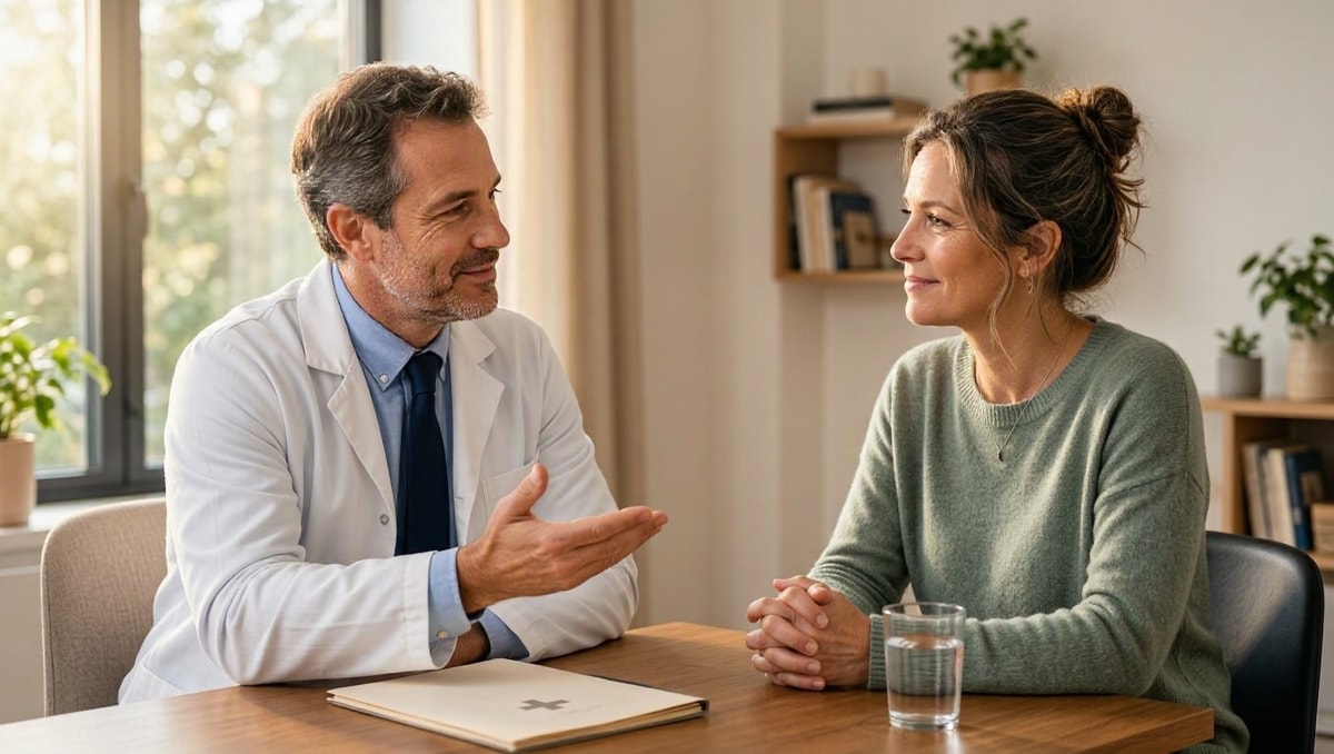 Médico em consultório conversando com paciente e explicando os resultados de exames.