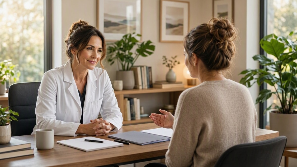 Profissional de saúde conversando com paciente em consultório médico sobre a continuidade do tratamento.