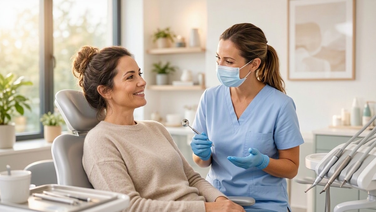 Avaliação odontológica preventiva Paciente em consulta preventiva dialogando tranquilamente com dentista em consultório bem iluminado.