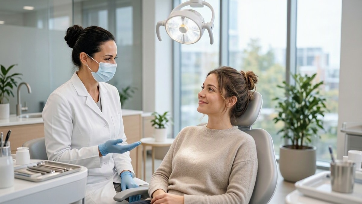 Dentista conversando tranquilamente com paciente durante consulta de avaliação no consultório