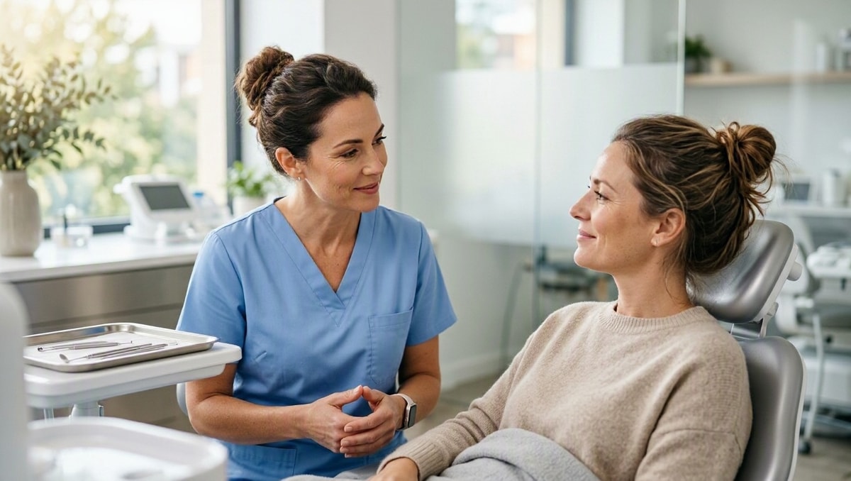 Profissional de odontologia conversando de forma acolhedora com paciente durante consulta de avaliação bucal.